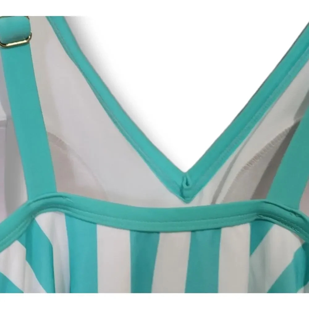 Kona Sol Women’s Blue & White Striped V-Neck High-Leg Swimsuit – New - Picture 5 of 11